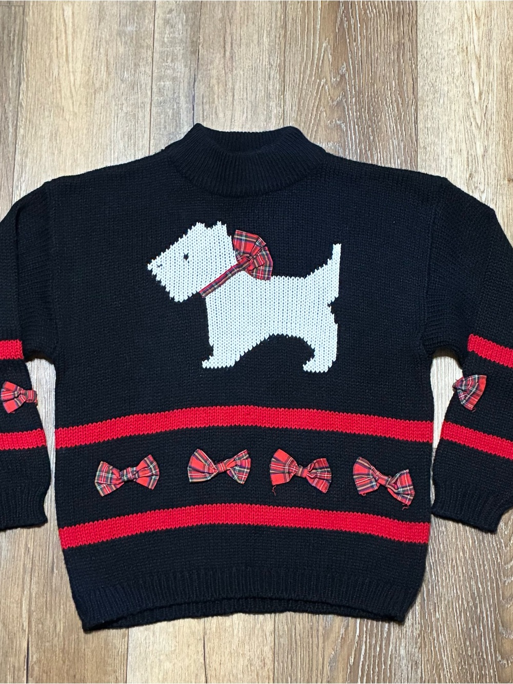 Vintage Mock Neck Knit Sweater with White Scottie Dog Red Plaid Bows 80s Retro